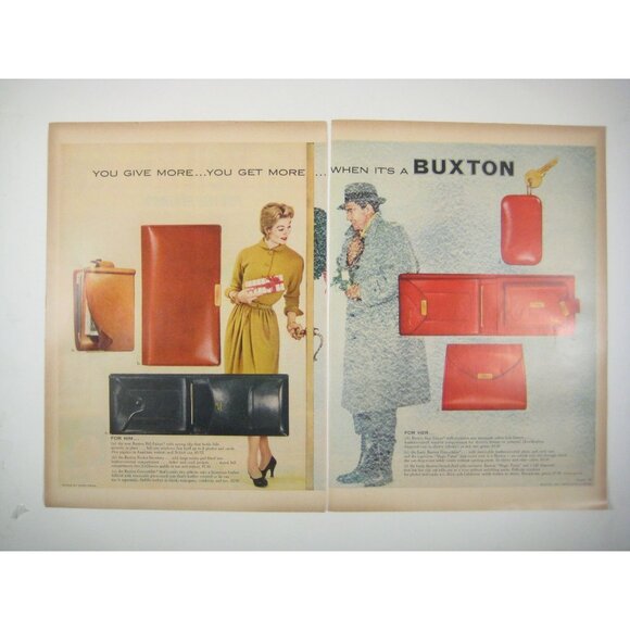 Buxton 1953 Vintage Print Ad 2 Page Spread Womens Mens Leather Wallets AD READ - Picture 1 of 2